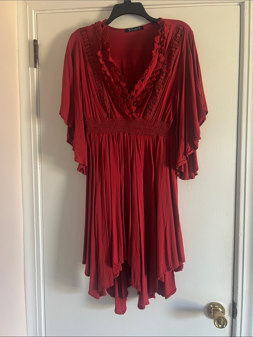 Simple Ruby Red V-Neck dress with Lace Insets